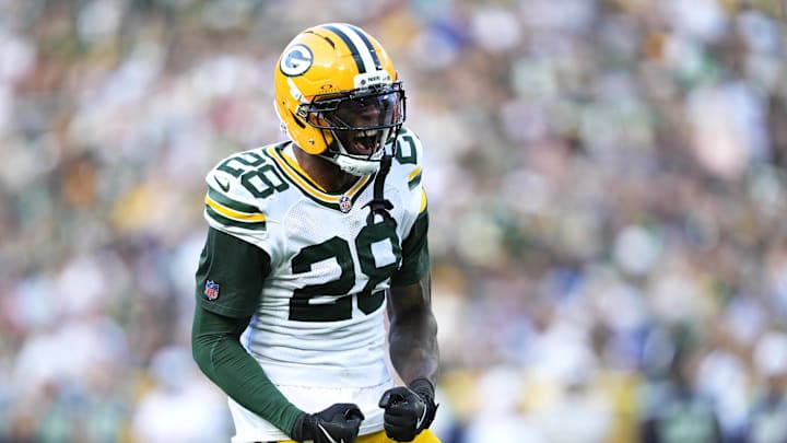 Aug 23, 2025; Green Bay, Wisconsin, USA; Green Bay Packers linebacker Isaiah Simmons (28) reacts to tackling Seattle Seahawks running back Jacardia Wright (31) during the second half at Lambeau Field. Mandatory Credit: Kayla Wolf-Imagn Images Aug 23, 2025; Green Bay, Wisconsin, USA; Green Bay Packers linebacker Isaiah Simmons (28) reacts to tackling Seattle Seahawks running back Jacardia Wright (31) during the second half at Lambeau Field. Mandatory Credit: Kayla Wolf-Imagn Images