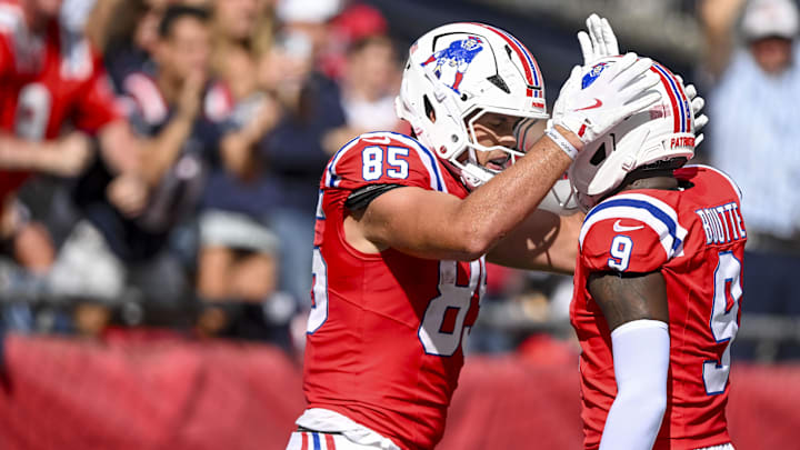 Sep 21, 2025; Foxborough, Massachusetts, USA; New England Patriots tight end Hunter Henry (85) reacts after scoring a touchdown during the fourth quarter at Gillette Stadium. Mandatory Credit: Brian Fluharty-Imagn Images