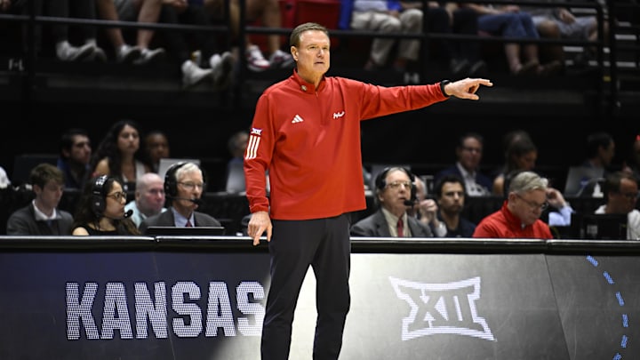 Mar 20, 2026; San Diego, CA, USA; Kansas Jayhawks head coach Bill Self looks on in the first half against the California Baptist Lancers during a first round game of the men's 2026 NCAA Tournament at Viejas Arena. Mandatory Credit: Denis Poroy-Imagn Images Mar 20, 2026; San Diego, CA, USA; Kansas Jayhawks head coach Bill Self looks on in the first half against the California Baptist Lancers during a first round game of the men's 2026 NCAA Tournament at Viejas Arena. Mandatory Credit: Denis Poroy-Imagn Images