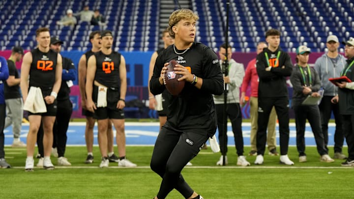 Mar 1, 2025; Indianapolis, IN, USA; Mississippi quarterback Jaxson Dart (QB03) during the 2025 NFL Combine at Lucas Oil Stadium. Mandatory Credit: Kirby Lee-Imagn Images Mar 1, 2025; Indianapolis, IN, USA; Mississippi quarterback Jaxson Dart (QB03) during the 2025 NFL Combine at Lucas Oil Stadium. Mandatory Credit: Kirby Lee-Imagn Images