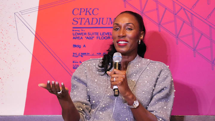 Nov 22, 2024; Kansas City, Missouri, USA; Former NBA player and olympic athlete Lisa Leslie speaks during a DEI Summit ahead of the 2024 NWSL Championship match at Union Station. Mandatory Credit: Denny Medley-Imagn Images