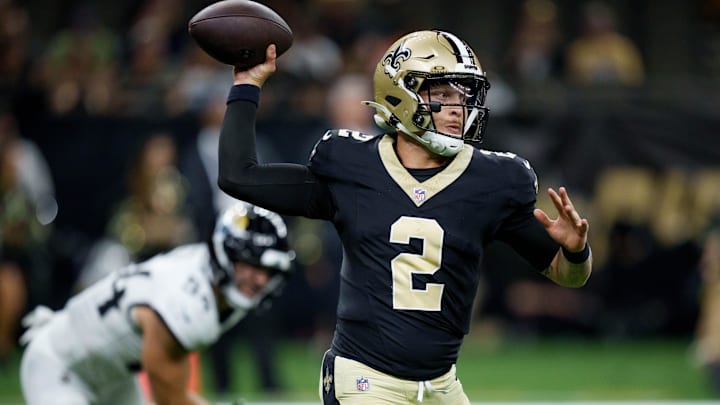 Aug 17, 2025; New Orleans, Louisiana, USA; New Orleans Saints quarterback Spencer Rattler (2) throws against the Jacksonville Jaguars during the second half at Caesars Superdome. Mandatory Credit: Matthew Hinton-Imagn Images