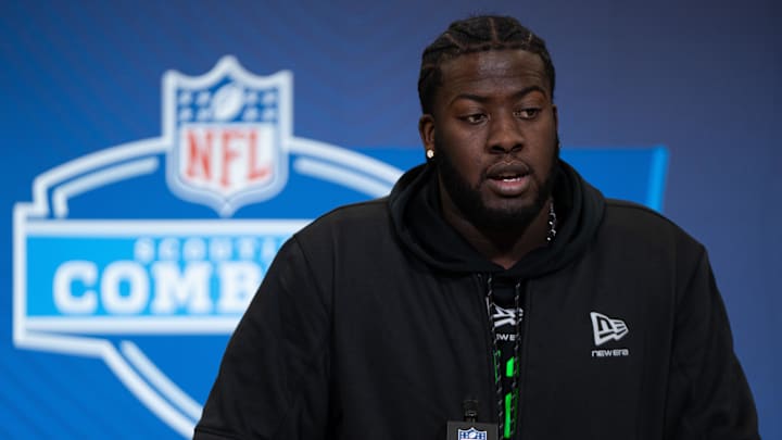 Feb 28, 2026; Indianapolis, IN, USA; Texas A&M offensive lineman Ar'Maj Reed-Adams (OL42) speaks to members of the media during the NFL Combine at the Indiana Convention Center. Mandatory Credit: Jacob Musselman-Imagn Images