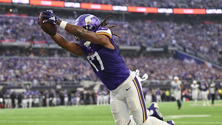 Sep 24, 2023; Minneapolis, Minnesota, USA; Minnesota Vikings wide receiver K.J. Osborn (17) scores