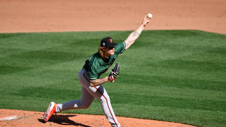 Jul 8, 2023; Seattle, Washington, USA; National League Futures relief pitcher Carson Whisenhunt (18) of the San Francisco Giants pitches to the American League during the third inning of the All Star-Futures game at T-Mobile Park. 