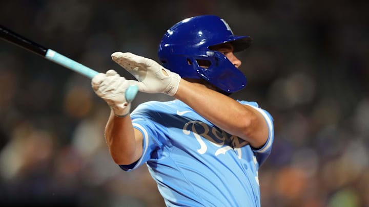 Mar 5, 2024; Surprise, Arizona, USA; Kansas City Royals left fielder John Rave (96) bats against the Chicago Cubs during the third inning at Surprise Stadium. Mandatory Credit: Joe Camporeale-Imagn Images