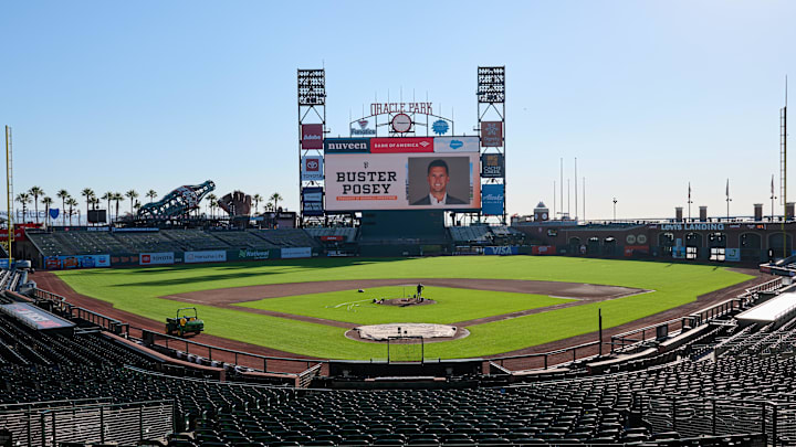 Oct 1, 2024; San Francisco, CA, USA; A general view of the video scoreboard at Oracle Park before a press conference to introduce new president of baseball operations Buster Posey.  Mandatory Credit: Robert Edwards-Imagn Images