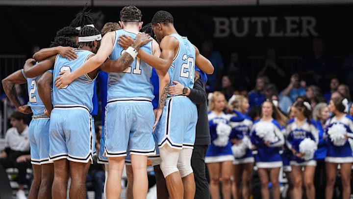 Indiana State Sycamores players gather together Tuesday, April 2, 2024, ahead of the NIT semifinals