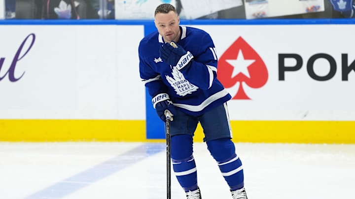 Apr 17, 2025; Toronto, Ontario, CAN; Toronto Maple Leafs center Max Domi (11) skates during the warmup before a game against the Detroit Red Wings at Scotiabank Arena. Mandatory Credit: Nick Turchiaro-Imagn Images