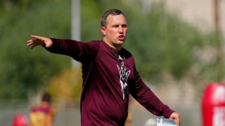 ASU head coach Kenny Dillingham talks with his team during an ASU practice on Aug. 16, 2024, in Tempe.