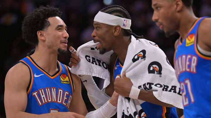 Thunder guard Jared McCain and Shai Gilgeous-Alexander celebrate in the final minutes of Game 3 against the Lakers. Thunder guard Jared McCain and Shai Gilgeous-Alexander celebrate in the final minutes of Game 3 against the Lakers.