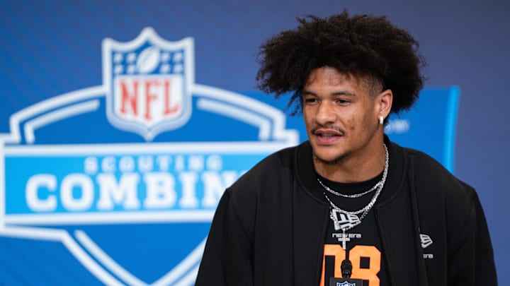 Washington wideout Denzel Boston speaks to members of the media during the NFL Combine at the Indiana Convention Center. 