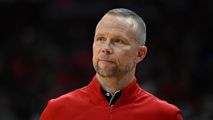 Nov 4, 2024; Louisville, Kentucky, USA;  Louisville Cardinals head coach Pat Kelsey looks on during the second half against the Morehead State Eagles at KFC Yum! Center. Louisville defeated Morehead State 93-45. Mandatory Credit: Jamie Rhodes-Imagn Images