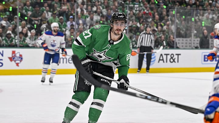 May 29, 2025; Dallas, Texas, USA; Dallas Stars left wing Mason Marchment in action during the game between the Dallas Stars and the Edmonton Oilers in game five of the Western Conference Final of the 2025 Stanley Cup Playoffs at American Airlines Center. 