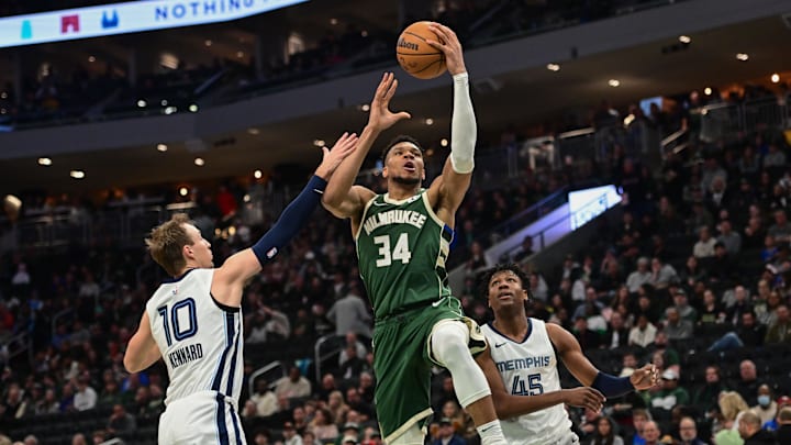 Apr 3, 2024; Milwaukee, Wisconsin, USA; Milwaukee Bucks forward Giannis Antetokounmpo (34) takes a Apr 3, 2024; Milwaukee, Wisconsin, USA; Milwaukee Bucks forward Giannis Antetokounmpo (34) takes a