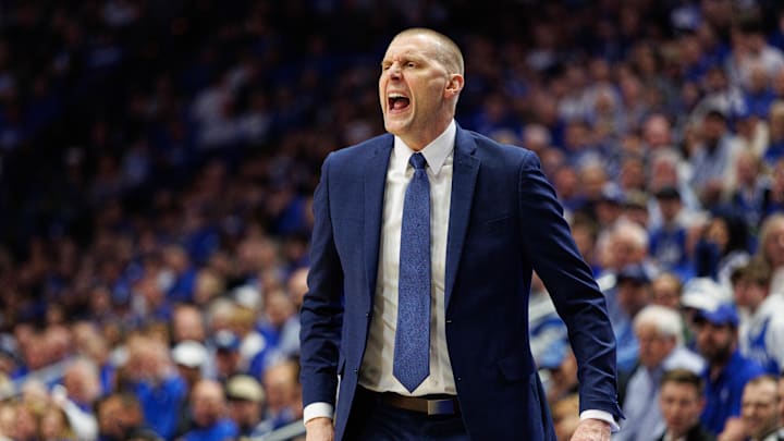 Mar 4, 2025; Lexington, Kentucky, USA; Kentucky Wildcats head coach Mark Pope yells to his players during the first half against the LSU Tigers at Rupp Arena at Central Bank Center. Mandatory Credit: Jordan Prather-Imagn Images Mar 4, 2025; Lexington, Kentucky, USA; Kentucky Wildcats head coach Mark Pope yells to his players during the first half against the LSU Tigers at Rupp Arena at Central Bank Center. Mandatory Credit: Jordan Prather-Imagn Images