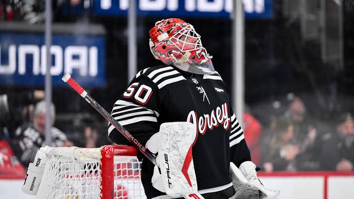 Apr 12, 2026; Newark, New Jersey, USA; New Jersey Devils goaltender Nico Daws (50) looks at the replay screen during the third period against the Ottawa Senators at Prudential Center. Mandatory Credit: John Jones-Imagn Images Apr 12, 2026; Newark, New Jersey, USA; New Jersey Devils goaltender Nico Daws (50) looks at the replay screen during the third period against the Ottawa Senators at Prudential Center. Mandatory Credit: John Jones-Imagn Images