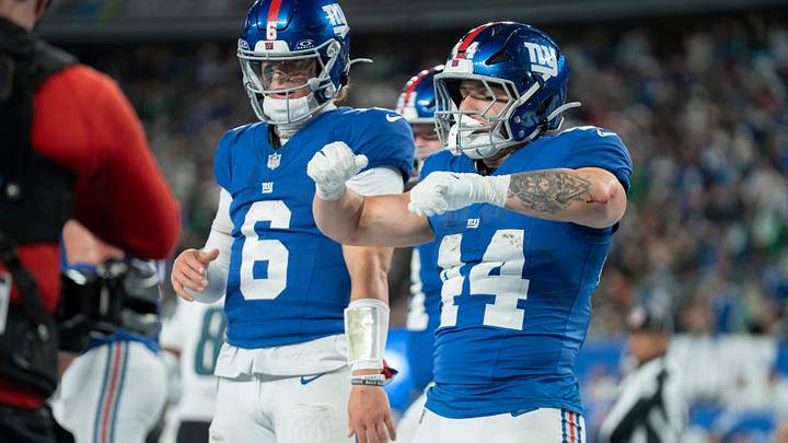 New York Giants running back Cam Skattebo (44) and New York Giants quarterback Jaxson Dart (6) celebrate after a touchdown during a Thursday Night Football game between the New York Giants and the Philadelphia Eagles at MetLife Stadium in East Rutherford on Oct. 9, 2025. New York Giants running back Cam Skattebo (44) and New York Giants quarterback Jaxson Dart (6) celebrate after a touchdown during a Thursday Night Football game between the New York Giants and the Philadelphia Eagles at MetLife Stadium in East Rutherford on Oct. 9, 2025.