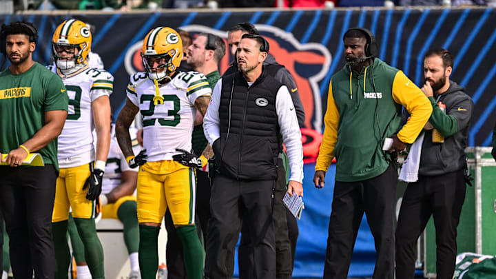 Nov 17, 2024; Chicago, Illinois, USA; Green Bay Packers head coach Matt LaFleur looks on against the Chicago Bears during the second quarter at Soldier Field. Mandatory Credit: Daniel Bartel-Imagn Images