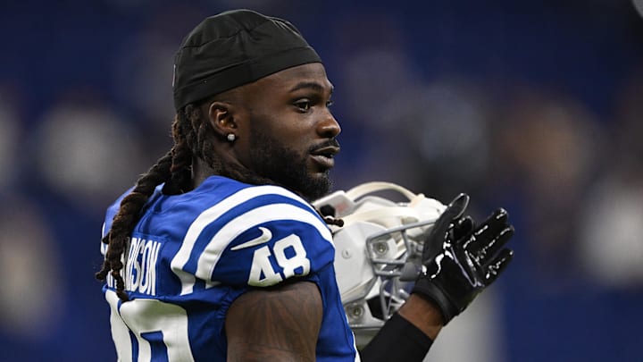 Jan 5, 2025; Indianapolis, Indiana, USA; Indianapolis Colts safety Ronnie Harrison Jr. (48) stands on the field before the game against the Jacksonville Jaguars at Lucas Oil Stadium. Mandatory Credit: Marc Lebryk-Imagn Images