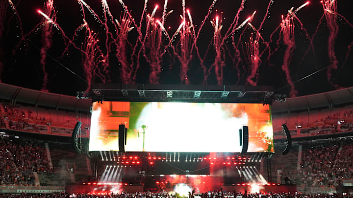 Fireworks go off above Neyland Stadium as Morgan Wallen appears on stage on Sunday, Sept. 22, 2024, in Knoxville, Tenn.