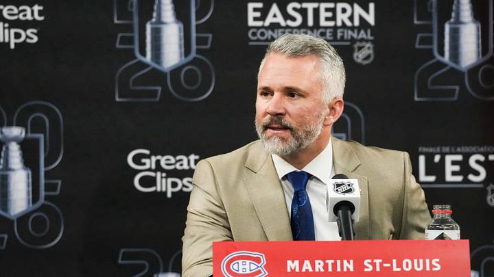 May 23, 2026; Raleigh, North Carolina, USA; Montréal Canadiens head coach Martin St. Louis speaks after the game against the Carolina Hurricanes in game two of the Eastern Conferene Final of the 2026 Stanley Cup Playoffs at Lenovo Center. 
