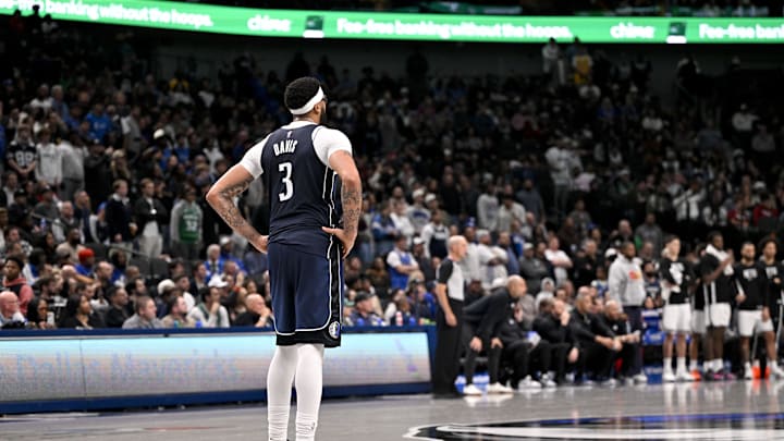 Dec 12, 2025; Dallas, Texas, USA; Dallas Mavericks forward Anthony Davis (3) looks on during the game between the Mavericks and the Nets at the American Airlines Center. Mandatory Credit: Jerome Miron-Imagn Images