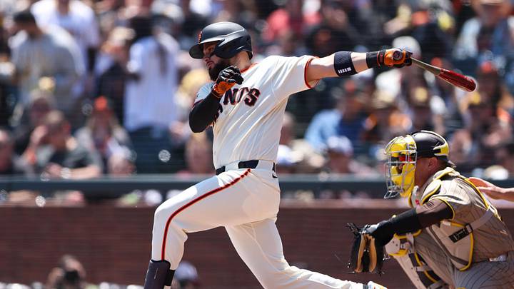 May 6, 2026; San Francisco, California, USA; San Francisco Giants right fielder Jesus Rodriguez (79) hits a single during the third inning against the San Diego Padres at Oracle Park. Mandatory Credit: Scott Marshall-Imagn Images