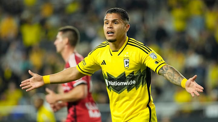 Columbus Crew forward Cucho Hernandez (9) looks for a hand ball call on New York Red Bulls defender Dylan Nealis during the second half of the MLS Cup Playoffs first round game at Lower.com Field in Columbus on Oct. 29.