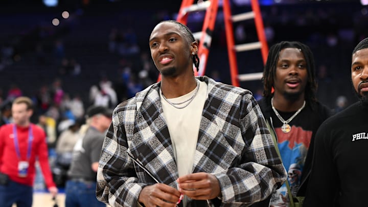 Mar 14, 2025; Philadelphia, Pennsylvania, USA; Philadelphia 76ers guard Tyrese Maxey looks on after the game against the Indiana Pacers at Wells Fargo Center. Mandatory Credit: Kyle Ross-Imagn Images