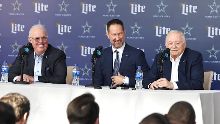 Dallas Cowboys CEO Stephen Jones, head coach Brian Schottenheimer, and owner Jerry Jones speak to the media.