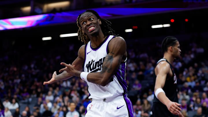 Mar 27, 2025; Sacramento, California, USA; Sacramento Kings guard Keon Ellis (23) reacts to a call during the fourth quarter against the Portland Trail Blazers at Golden 1 Center. Mandatory Credit: Sergio Estrada-Imagn Images