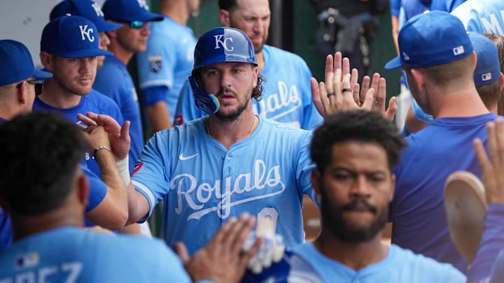 Sep 21, 2025; Kansas City, Missouri, USA; Kansas City Royals first baseman Vinnie Pasquantino (9) celebrates against the Toronto Blue Jays after scoring during the fourth inning at Kauffman Stadium. Mandatory Credit: Denny Medley-Imagn Images