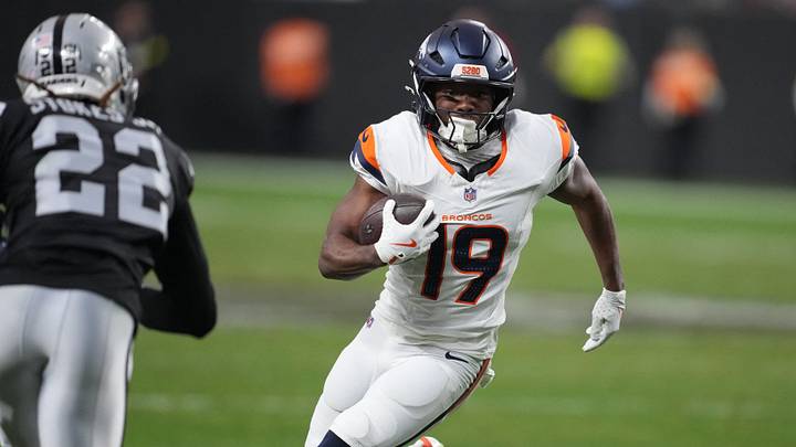 Dec 7, 2025; Paradise, Nevada, USA;  Denver Broncos wide receiver Marvin Mims Jr. (19) runs after the catch against the Las Vegas Raiders during the second half at Allegiant Stadium. Mandatory Credit: Kirby Lee-Imagn Images