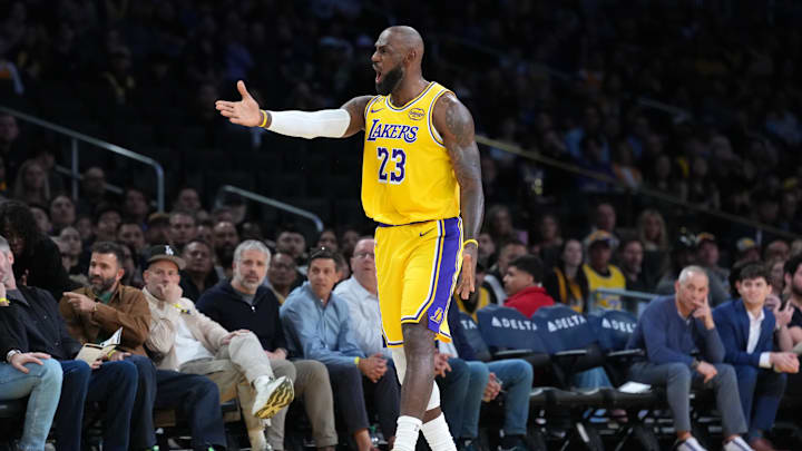 Jan 15, 2026; Los Angeles, California, USA; Los Angeles Lakers forward LeBron James (23) reacts against the Charlotte Hornets in the first half at Crypto.com Arena. Mandatory Credit: Kirby Lee-Imagn Images