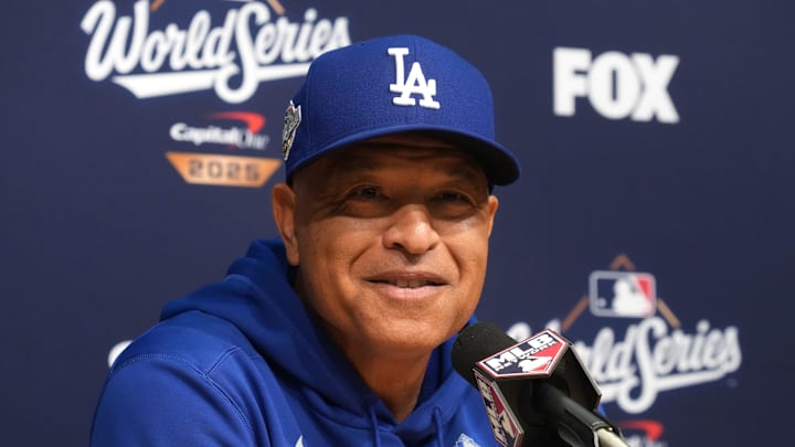 Oct 29, 2025; Los Angeles, California, USA; Los Angeles Dodgers manager Dave Roberts (30) speaks in a press conference before game five of the 2025 MLB World Series against the Toronto Blue Jays at Dodger Stadium. Mandatory Credit: Kirby Lee-Imagn Images Oct 29, 2025; Los Angeles, California, USA; Los Angeles Dodgers manager Dave Roberts (30) speaks in a press conference before game five of the 2025 MLB World Series against the Toronto Blue Jays at Dodger Stadium. Mandatory Credit: Kirby Lee-Imagn Images