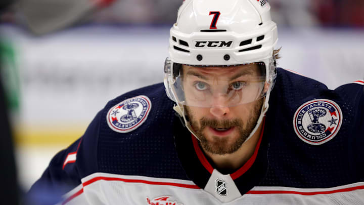 Dec 19, 2023; Buffalo, New York, USA;  Columbus Blue Jackets center Sean Kuraly (7) waits for the face-off during the first period against the Buffalo Sabres at KeyBank Center. Mandatory Credit: Timothy T. Ludwig-USA TODAY Sports