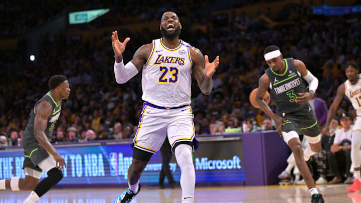 Apr 19, 2025; Los Angeles, California, USA; Los Angeles Lakers forward LeBron James (23) reacts after missing a pass in the first quarter against the Minnesota Timberwolves at Crypto.com Arena. Mandatory Credit: Jayne Kamin-Oncea-Imagn Images Apr 19, 2025; Los Angeles, California, USA; Los Angeles Lakers forward LeBron James (23) reacts after missing a pass in the first quarter against the Minnesota Timberwolves at Crypto.com Arena. Mandatory Credit: Jayne Kamin-Oncea-Imagn Images