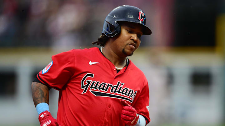 Sep 28, 2024; Cleveland, Ohio, USA; Cleveland Guardians third baseman Jose Ramirez (11) rounds the bases after hitting a home run during the first inning against the Houston Astros at Progressive Field. Mandatory Credit: Ken Blaze-Imagn Images Sep 28, 2024; Cleveland, Ohio, USA; Cleveland Guardians third baseman Jose Ramirez (11) rounds the bases after hitting a home run during the first inning against the Houston Astros at Progressive Field. Mandatory Credit: Ken Blaze-Imagn Images