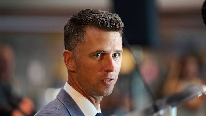 Oct 1, 2024; San Francisco, CA, USA; San Francisco Giants president of baseball operations Buster Posey speaks with the media after an introductory press conference at Oracle Park.  
