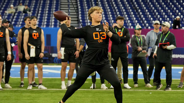 Mar 1, 2025; Indianapolis, IN, USA; Mississippi quarterback Jaxson Dart (QB03) during the 2025 NFL Combine at Lucas Oil Stadium. Mandatory Credit: Kirby Lee-Imagn Images