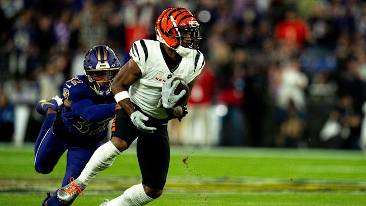 Baltimore Ravens safety Marcus Williams (32) tackles Cincinnati Bengals wide receiver Ja'Marr Chase (1) in the first quarter of the NFL game at M&T Banks Stadium in Baltimore on Thursday, Nov. 7, 2024.