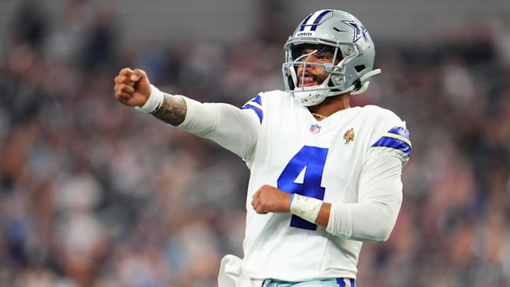 October 1, 2023; Arlington, TX; Dallas QB Dak Prescott during the Cowboys' Week 4 win over the New England Patriots