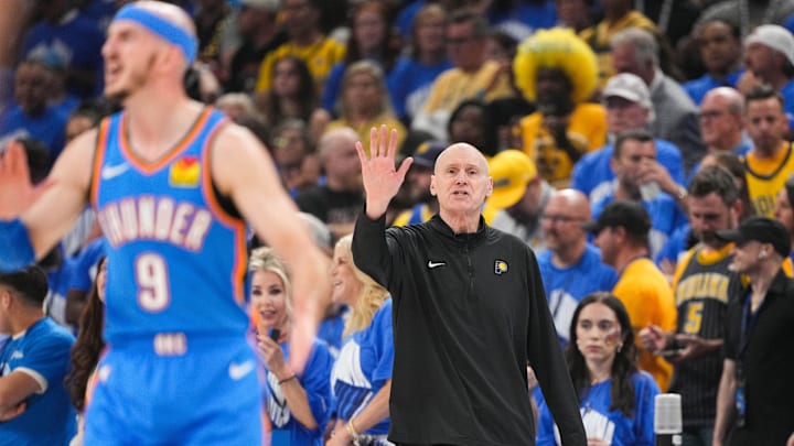Jun 22, 2025; Oklahoma City, Oklahoma, USA; Indiana Pacers head coach Rick Carlisle gestures during the first half of game seven of the 2025 NBA Finals against the Oklahoma City Thunder at Paycom Center. Mandatory Credit: Kyle Terada-Imagn Images