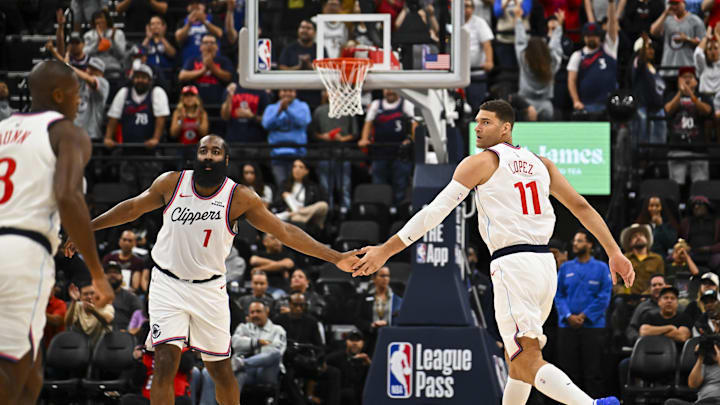 Oct 12, 2025; Inglewood, California, USA; Los Angeles Clippers center Brook Lopez (11) fives with guard James Harden (1) during the first quarter at Intuit Dome. Mandatory Credit: Jonathan Hui-Imagn Images Oct 12, 2025; Inglewood, California, USA; Los Angeles Clippers center Brook Lopez (11) fives with guard James Harden (1) during the first quarter at Intuit Dome. Mandatory Credit: Jonathan Hui-Imagn Images
