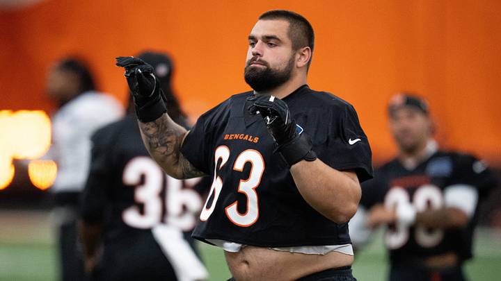 Cincinnati Bengals guard Dylan Fairchild warms up during preseason practice in Cincinnati on Thursday, September 3, 2026.