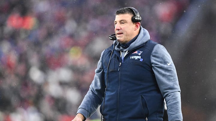 Jan 18, 2026; Foxborough, MA, USA; New England Patriots head coach Mike Vrabel looks on in the first half in an AFC Divisional Round game against the Houston Texans at Gillette Stadium. Mandatory Credit: Brian Fluharty-Imagn Images