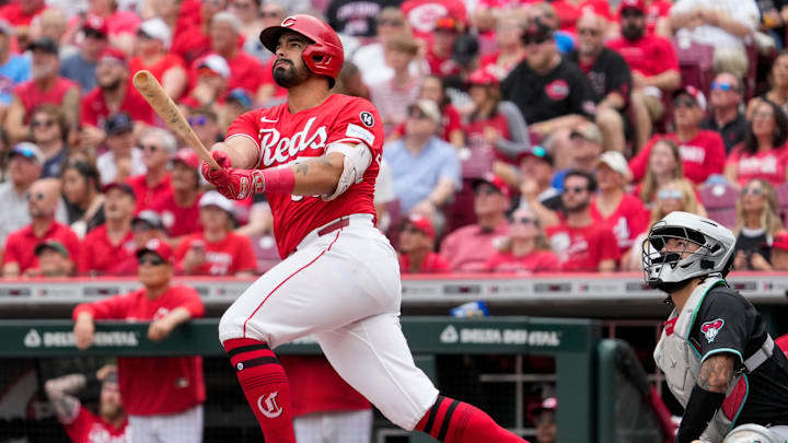 Cincinnati Reds third baseman Christian Encarnacion-Strand (33) follows through on a three-run home run in the first inning of the MLB National League game between the Cincinnati Reds and the Arizona Diamondbacks at Great American Ball Park in downtown Cincinnati on Saturday, June 7, 2025.