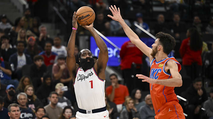  LA Clippers guard James Harden (1) shoots against Oklahoma City Thunder forward Chet Holmgren (7) during the first half at Intuit Dome. Mandatory Credit: Jonathan Hui-Imagn Images