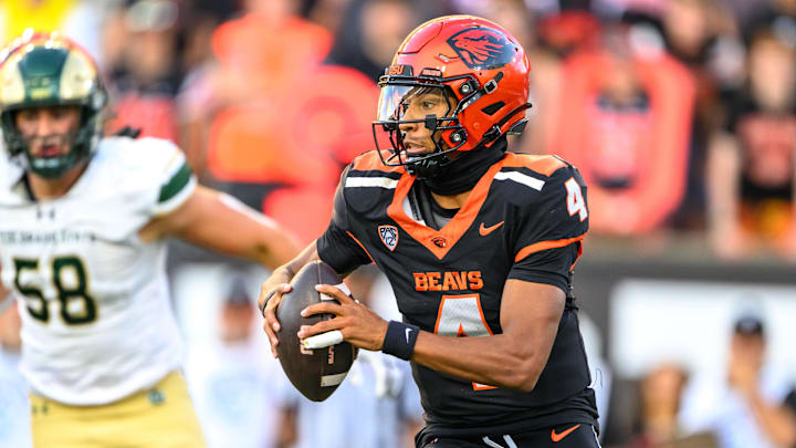Oct 5, 2024; Corvallis, Oregon, USA; Oregon State Beavers quarterback Gevani McCoy (4) runs the ball during the second half against the Colorado State Rams at Reser Stadium. Mandatory Credit: Craig Strobeck-Imagn Images Oct 5, 2024; Corvallis, Oregon, USA; Oregon State Beavers quarterback Gevani McCoy (4) runs the ball during the second half against the Colorado State Rams at Reser Stadium. Mandatory Credit: Craig Strobeck-Imagn Images